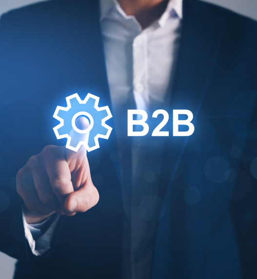 Businessman Pointing B2B Digital Screen Commerce Technology Marketing Concept